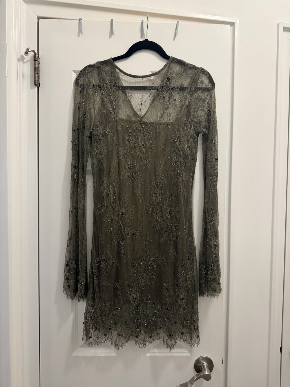 Mango Olive Green Lace Long-Sleeve Dress